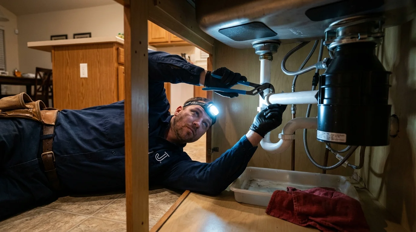 P-trap and supply line connections under a kitchen sink showing a common leak point in Carlisle, KY